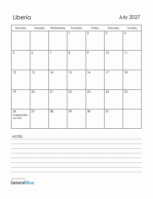 July 2027 Liberia Calendar with Holidays (Monday Start)