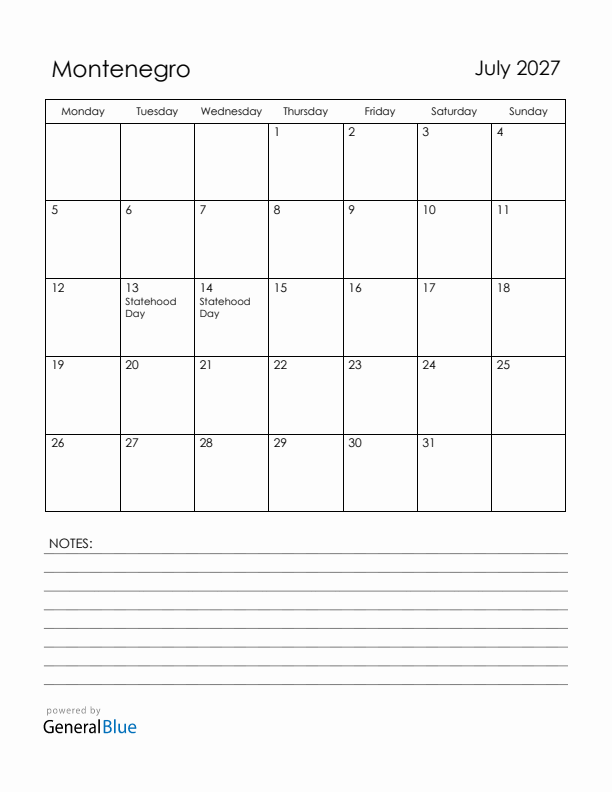 July 2027 Montenegro Calendar with Holidays (Monday Start)
