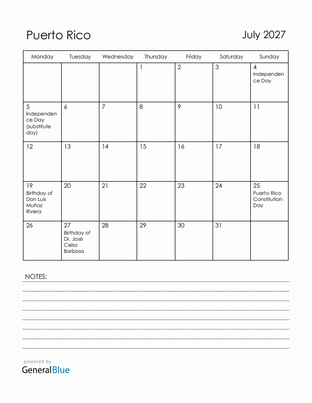July 2027 Puerto Rico Calendar with Holidays (Monday Start)