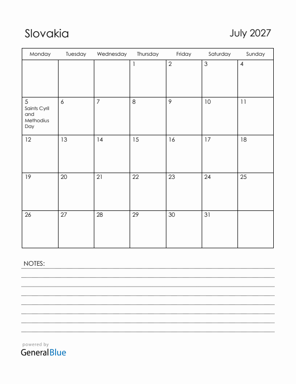 July 2027 Slovakia Calendar with Holidays (Monday Start)