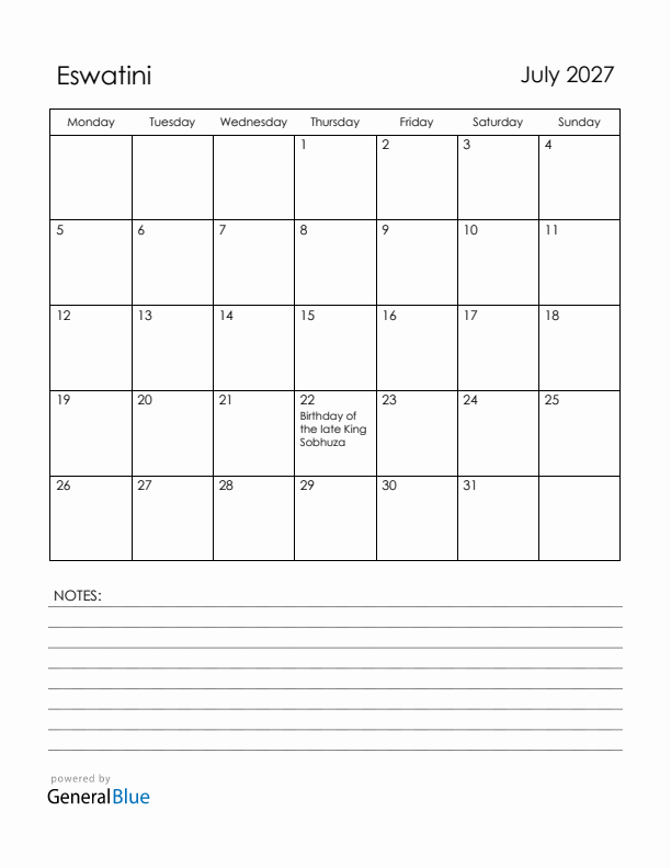 July 2027 Eswatini Calendar with Holidays (Monday Start)