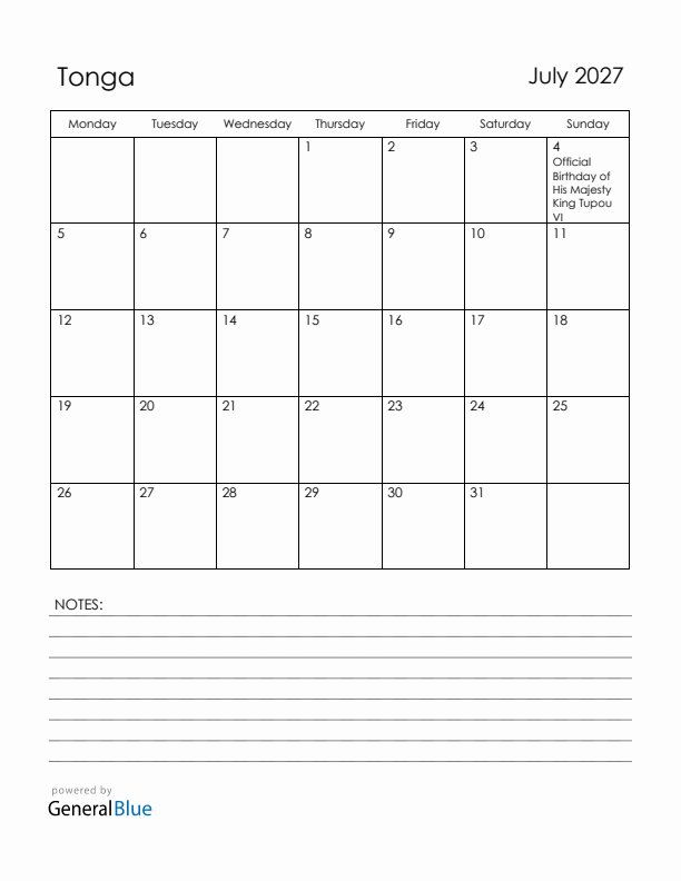July 2027 Tonga Calendar with Holidays (Monday Start)