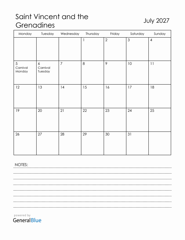 July 2027 Saint Vincent and the Grenadines Calendar with Holidays (Monday Start)
