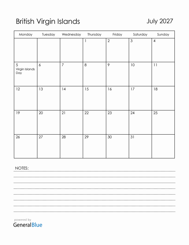 July 2027 British Virgin Islands Calendar with Holidays (Monday Start)