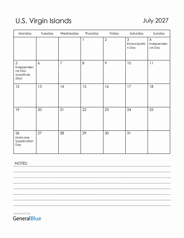 July 2027 U.S. Virgin Islands Calendar with Holidays (Monday Start)