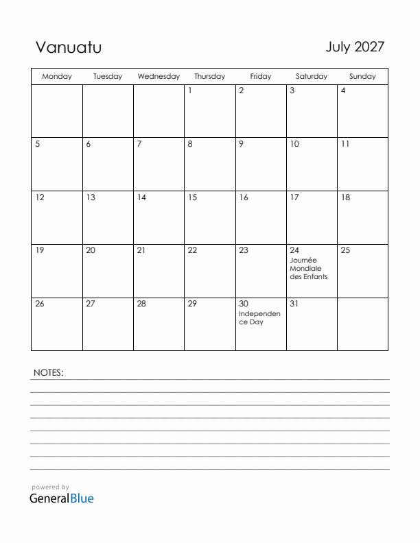July 2027 Vanuatu Calendar with Holidays (Monday Start)