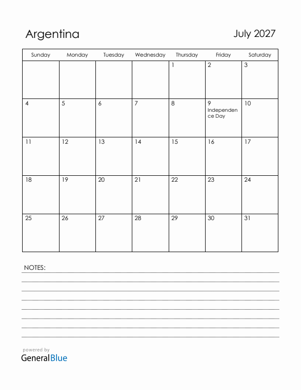 July 2027 Argentina Calendar with Holidays (Sunday Start)