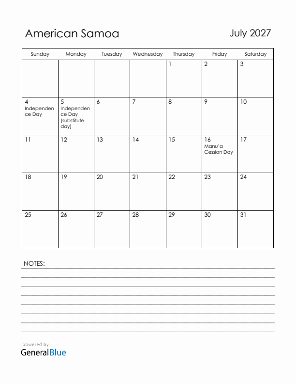July 2027 American Samoa Calendar with Holidays (Sunday Start)