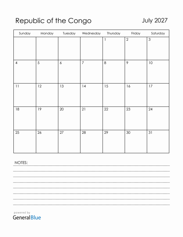 July 2027 Republic of the Congo Calendar with Holidays (Sunday Start)