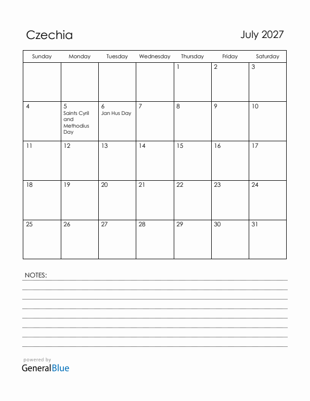 July 2027 Czechia Calendar with Holidays (Sunday Start)