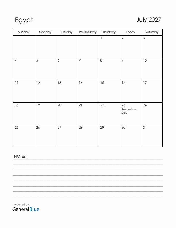 July 2027 Egypt Calendar with Holidays (Sunday Start)