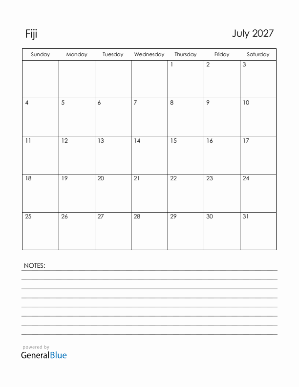 July 2027 Fiji Calendar with Holidays (Sunday Start)