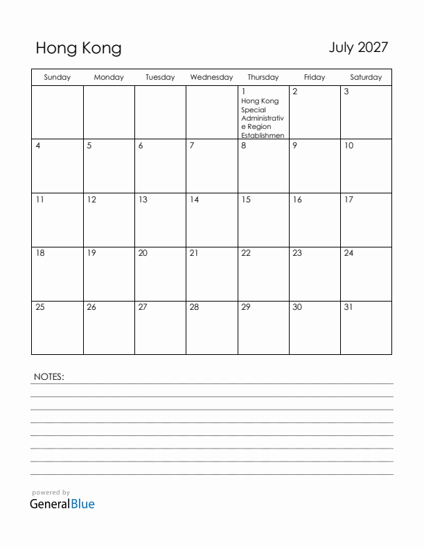 July 2027 Hong Kong Calendar with Holidays (Sunday Start)