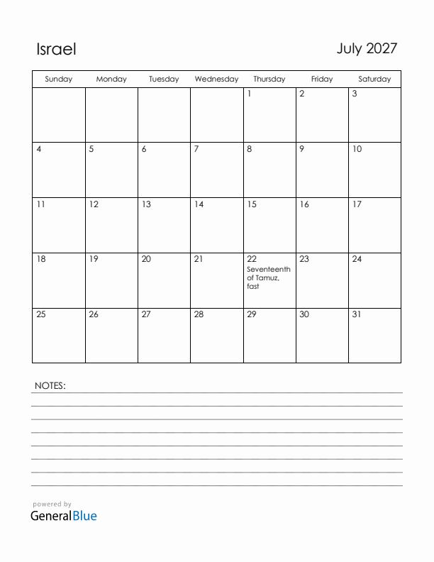 July 2027 Israel Calendar with Holidays (Sunday Start)