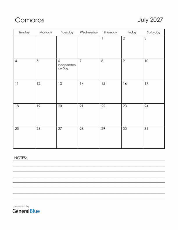 July 2027 Comoros Calendar with Holidays (Sunday Start)