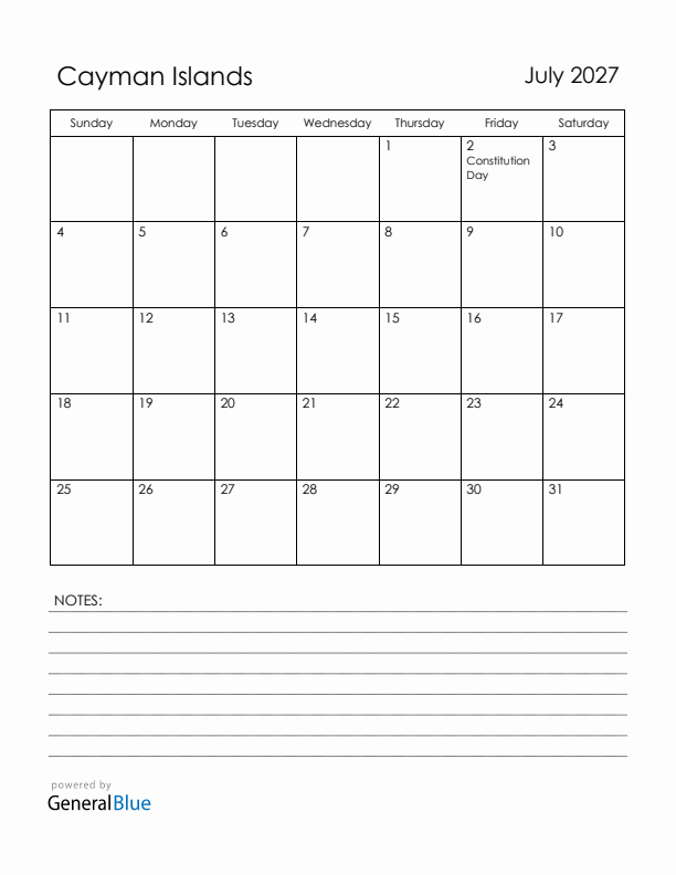 July 2027 Cayman Islands Calendar with Holidays (Sunday Start)