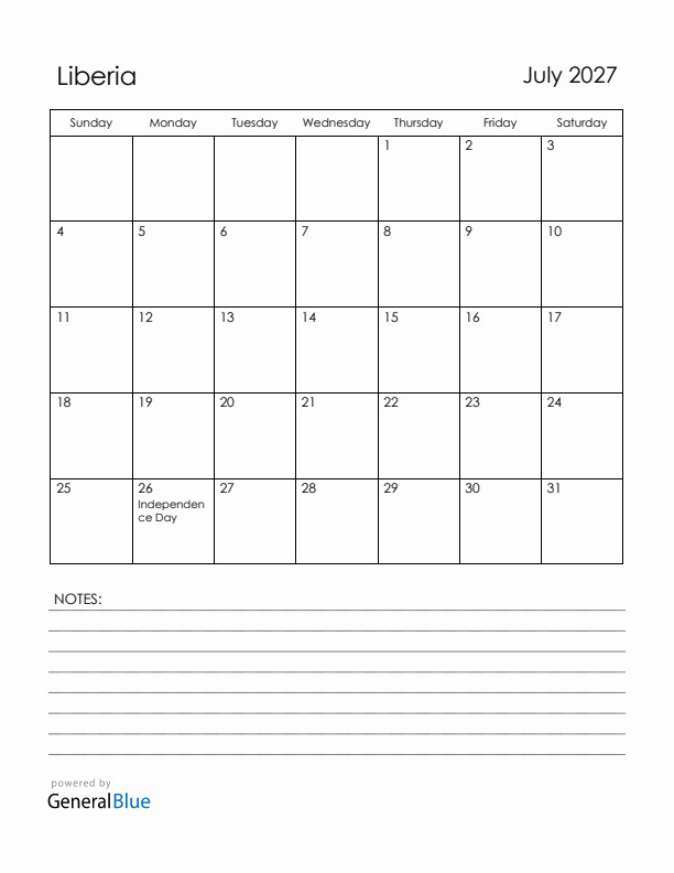 July 2027 Liberia Calendar with Holidays (Sunday Start)