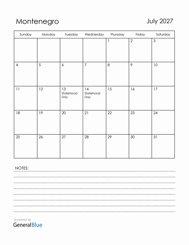 July 2027 Montenegro Calendar with Holidays (Sunday Start)