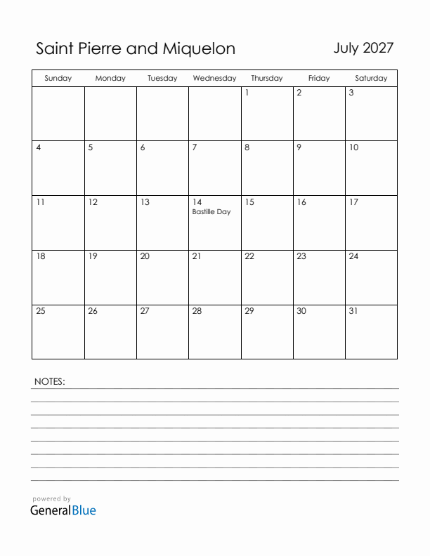 July 2027 Saint Pierre and Miquelon Calendar with Holidays (Sunday Start)