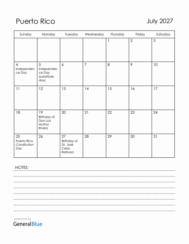 July 2027 Puerto Rico Calendar with Holidays (Sunday Start)