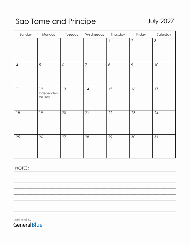 July 2027 Sao Tome and Principe Calendar with Holidays (Sunday Start)