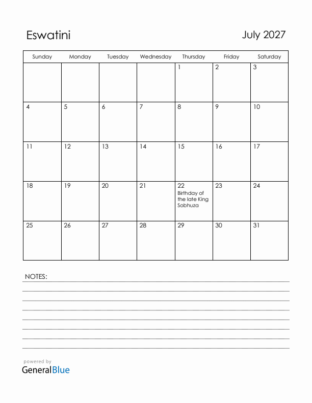 July 2027 Eswatini Calendar with Holidays (Sunday Start)
