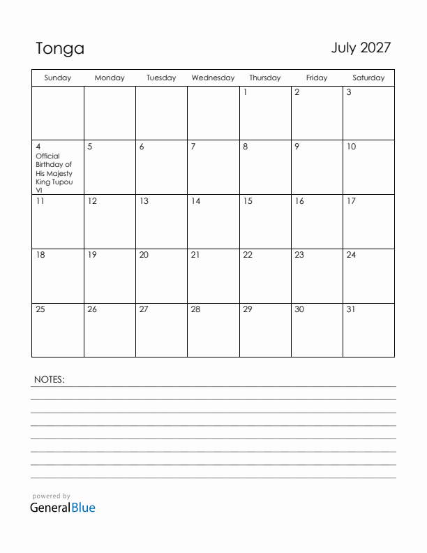 July 2027 Tonga Calendar with Holidays (Sunday Start)