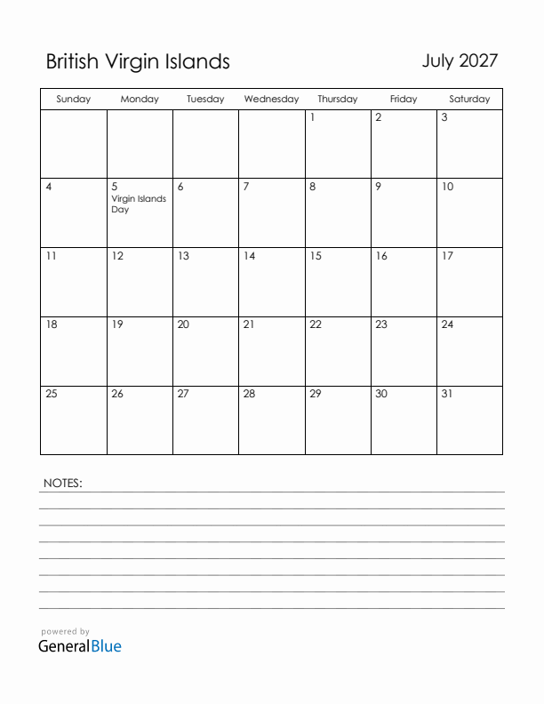 July 2027 British Virgin Islands Calendar with Holidays (Sunday Start)