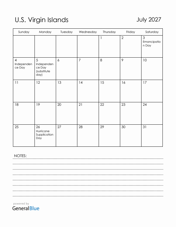 July 2027 U.S. Virgin Islands Calendar with Holidays (Sunday Start)