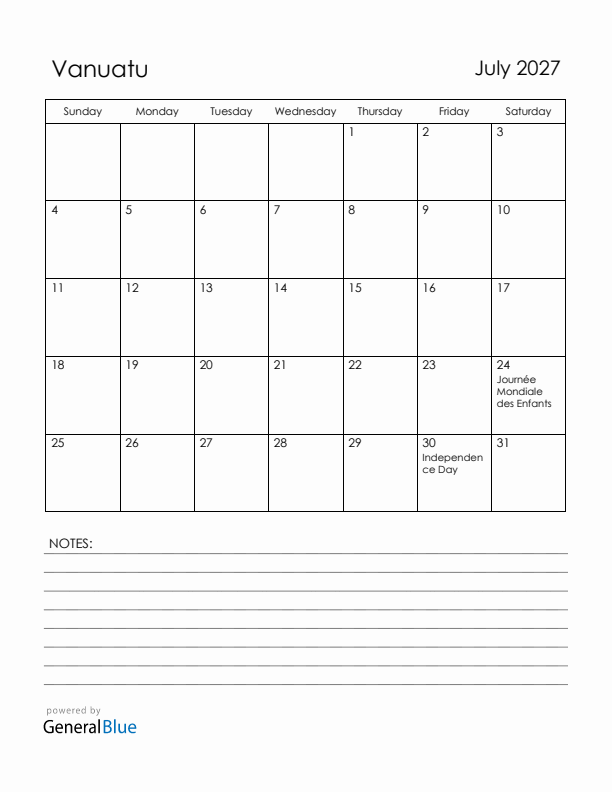 July 2027 Vanuatu Calendar with Holidays (Sunday Start)