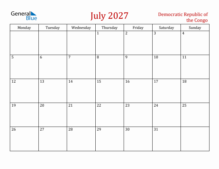 Democratic Republic of the Congo July 2027 Calendar - Monday Start