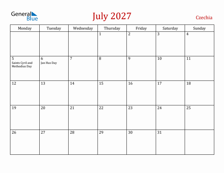 Czechia July 2027 Calendar - Monday Start