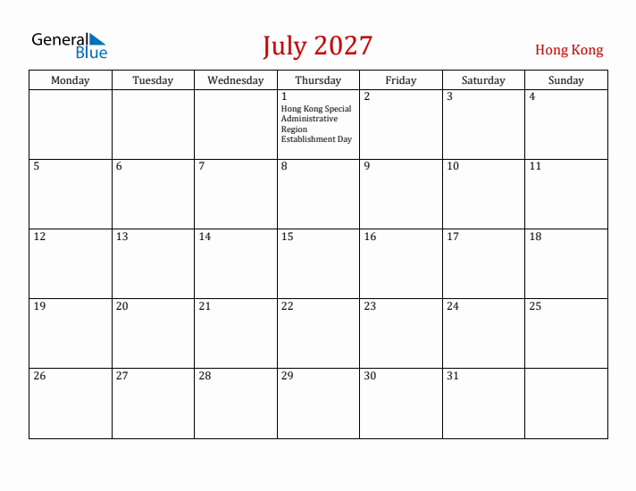 Hong Kong July 2027 Calendar - Monday Start