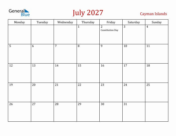 Cayman Islands July 2027 Calendar - Monday Start