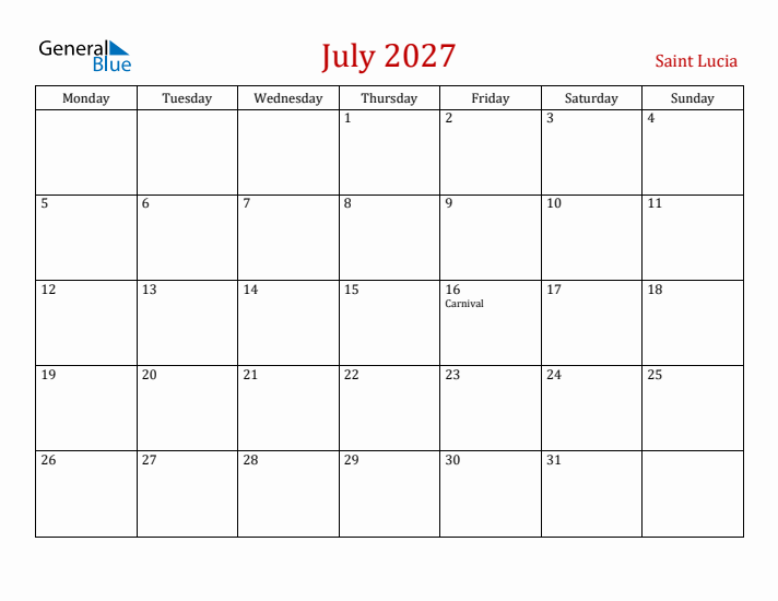 Saint Lucia July 2027 Calendar - Monday Start