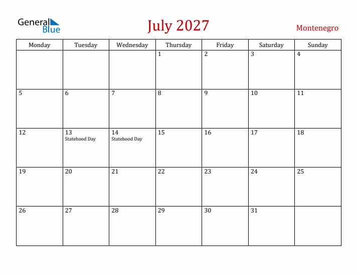 Montenegro July 2027 Calendar - Monday Start