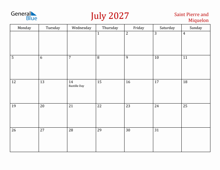 Saint Pierre and Miquelon July 2027 Calendar - Monday Start