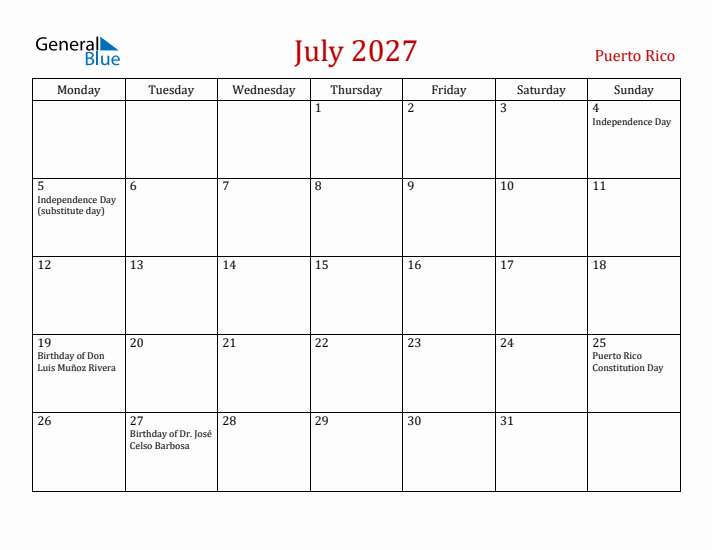 Puerto Rico July 2027 Calendar - Monday Start
