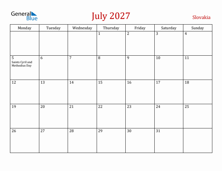 Slovakia July 2027 Calendar - Monday Start