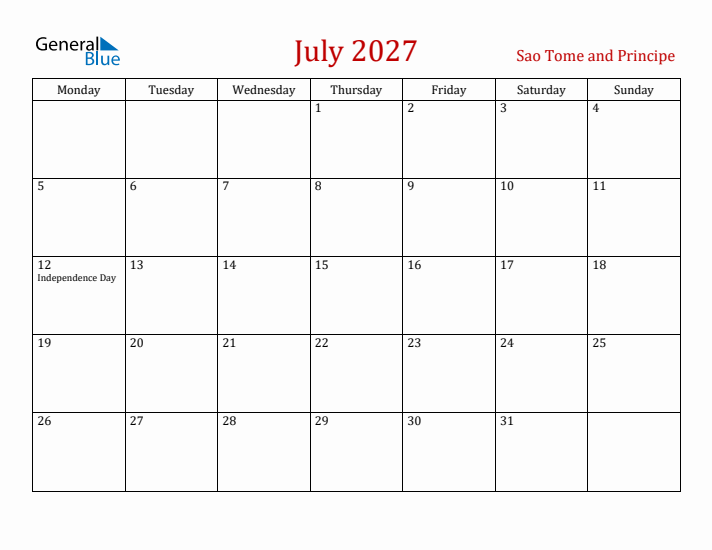 Sao Tome and Principe July 2027 Calendar - Monday Start
