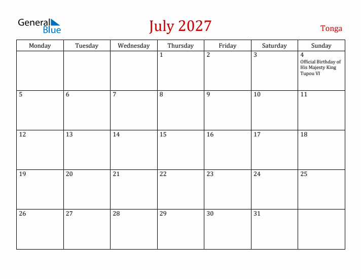 Tonga July 2027 Calendar - Monday Start