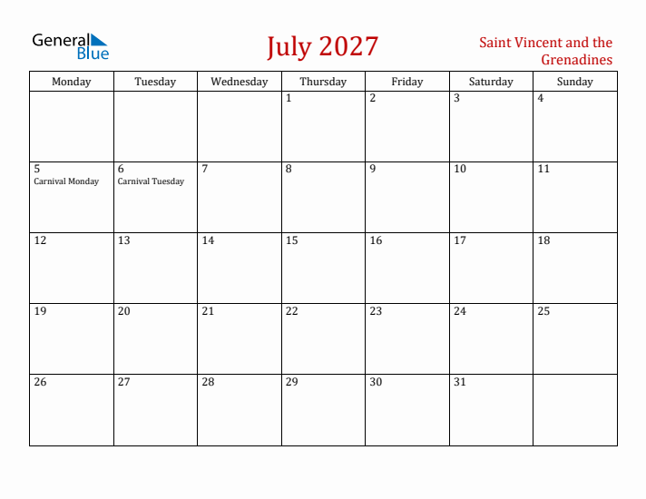 Saint Vincent and the Grenadines July 2027 Calendar - Monday Start