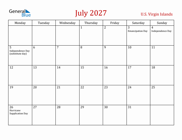 U.S. Virgin Islands July 2027 Calendar - Monday Start