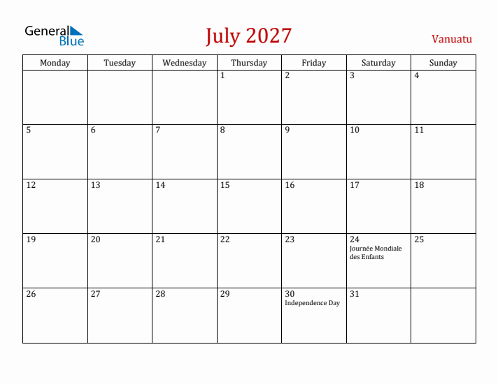 Vanuatu July 2027 Calendar - Monday Start