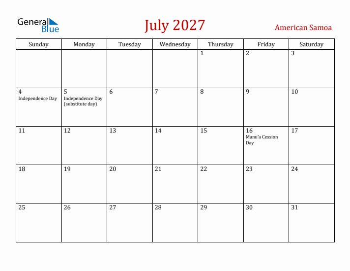American Samoa July 2027 Calendar - Sunday Start