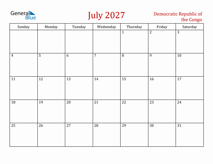 Democratic Republic of the Congo July 2027 Calendar - Sunday Start