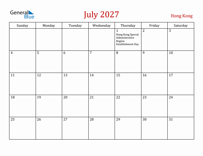 Hong Kong July 2027 Calendar - Sunday Start
