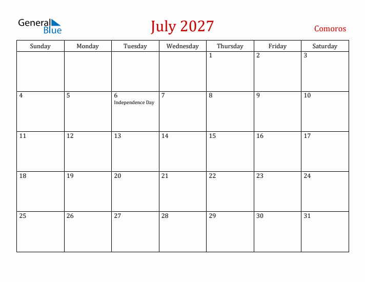 Comoros July 2027 Calendar - Sunday Start
