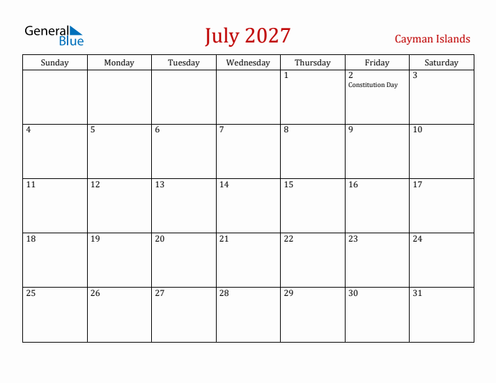 Cayman Islands July 2027 Calendar - Sunday Start