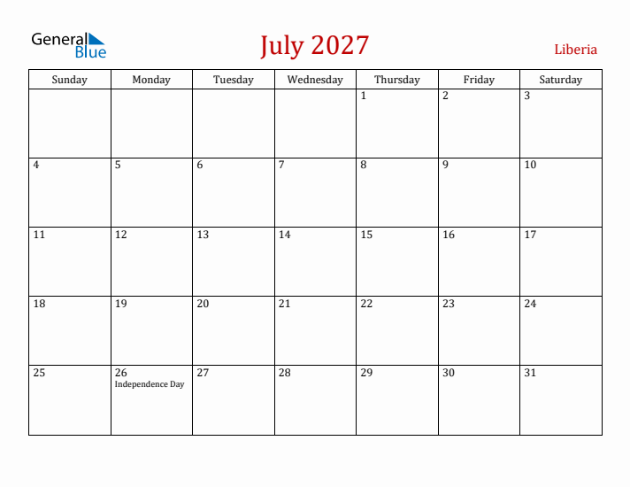 Liberia July 2027 Calendar - Sunday Start